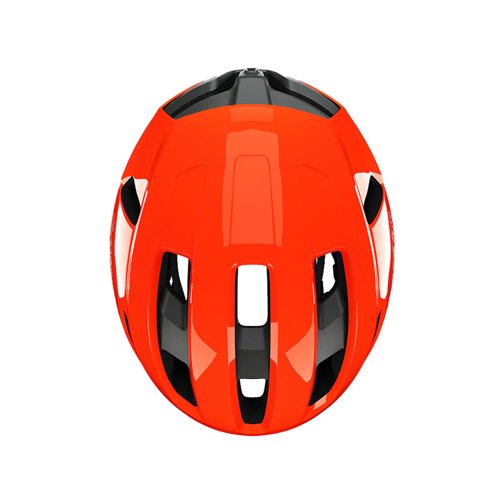 Orange helmet with black accents on a white background