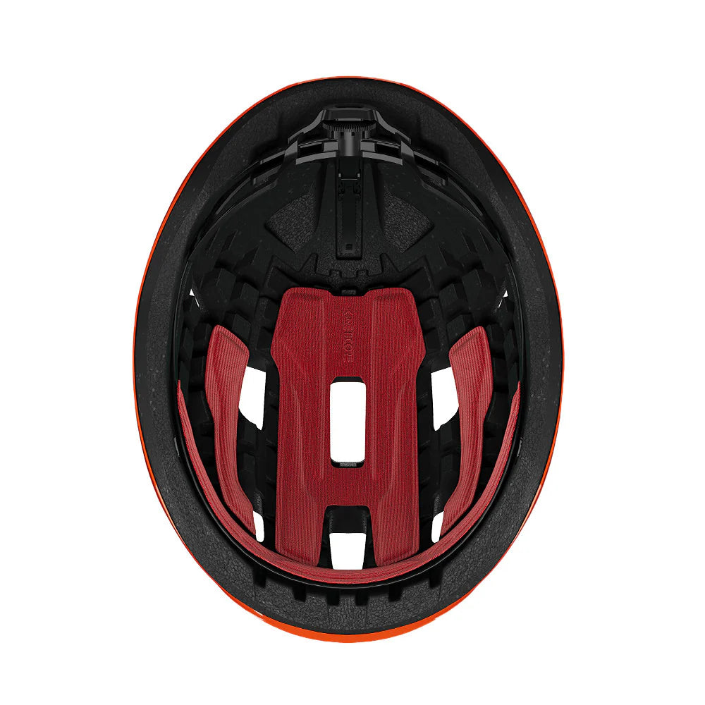 Close-up of a black and red helmet interior on a white background