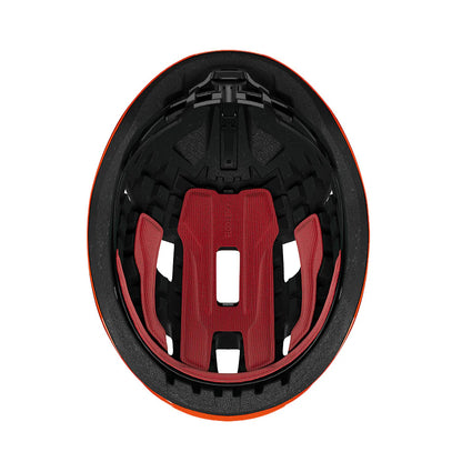 Close-up of a black and red helmet interior on a white background
