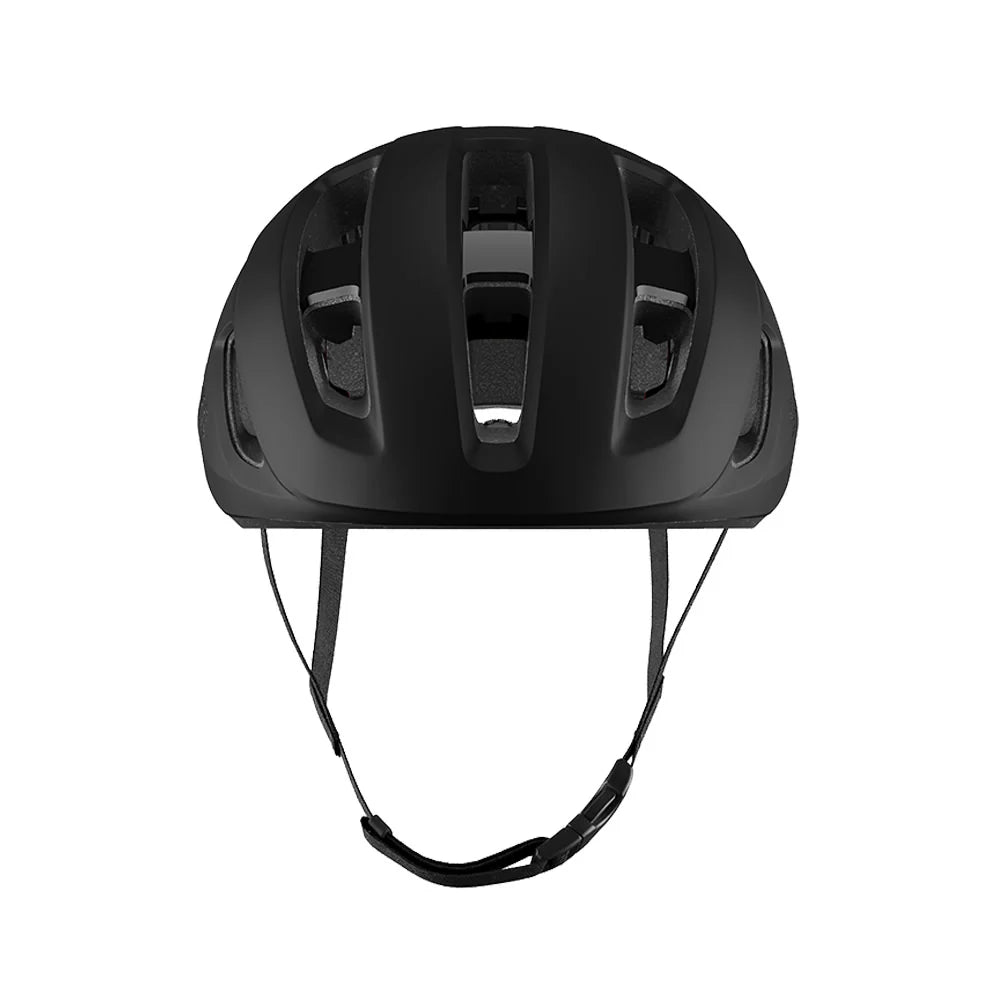 Black helmet with chin strap on a white background