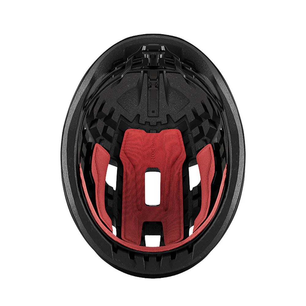 Black helmet with red interior on a white background