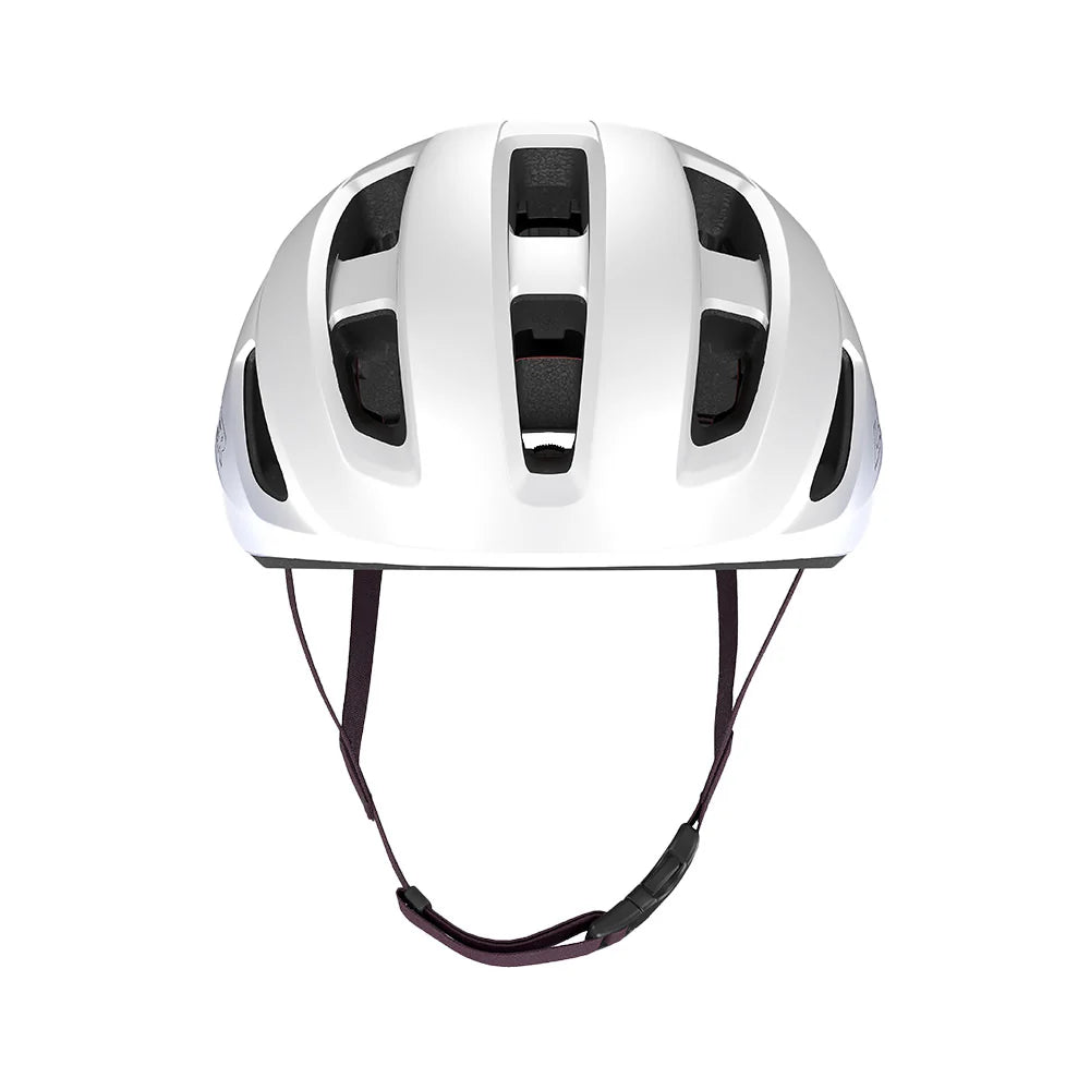 White bicycle helmet with black accents on a white background
