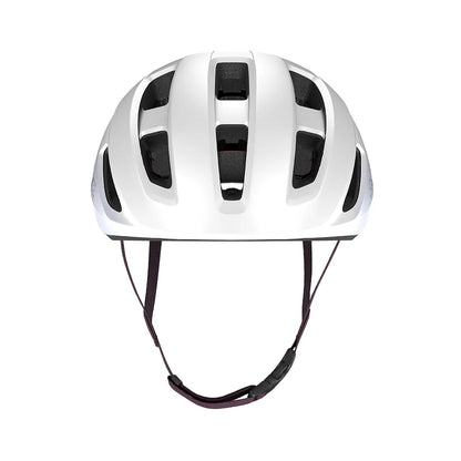 White bicycle helmet with black accents on a white background