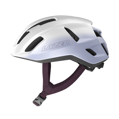White helmet with purple chin strap on a white background
