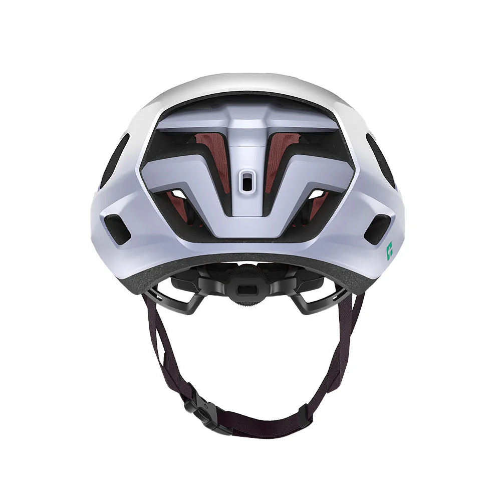 Silver bicycle helmet with black straps on a white background