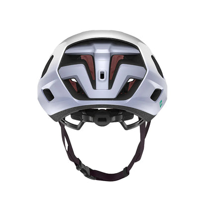 Silver bicycle helmet with black straps on a white background