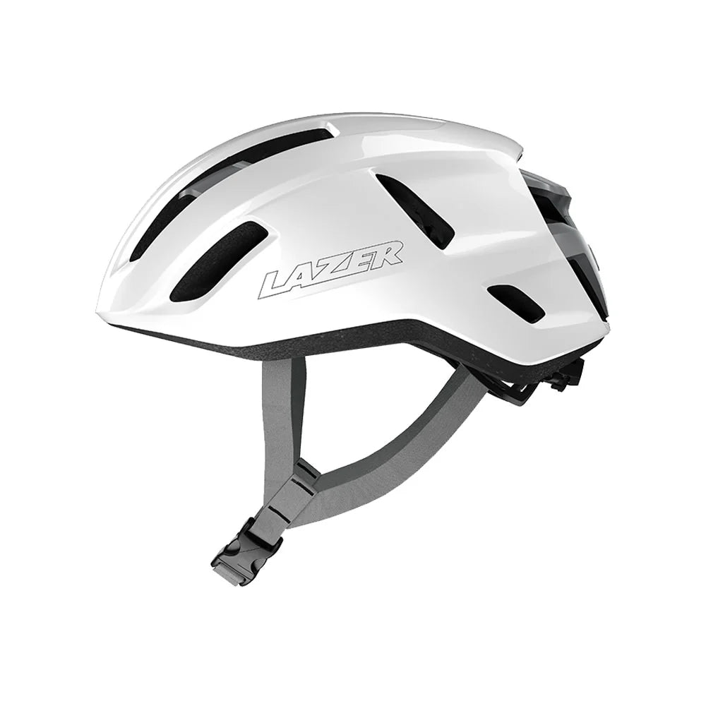 White bicycle helmet with 'Lazer' branding on a white background