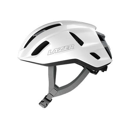 White bicycle helmet with 'Lazer' branding on a white background