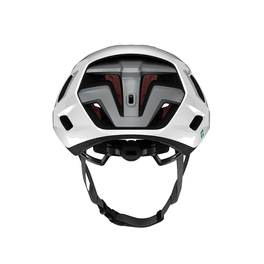 White bicycle helmet with black interior on a white background