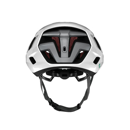 White bicycle helmet with black interior on a white background