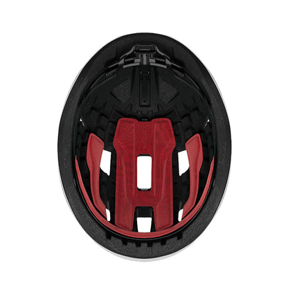 Close-up of a black and red helmet interior on a white background