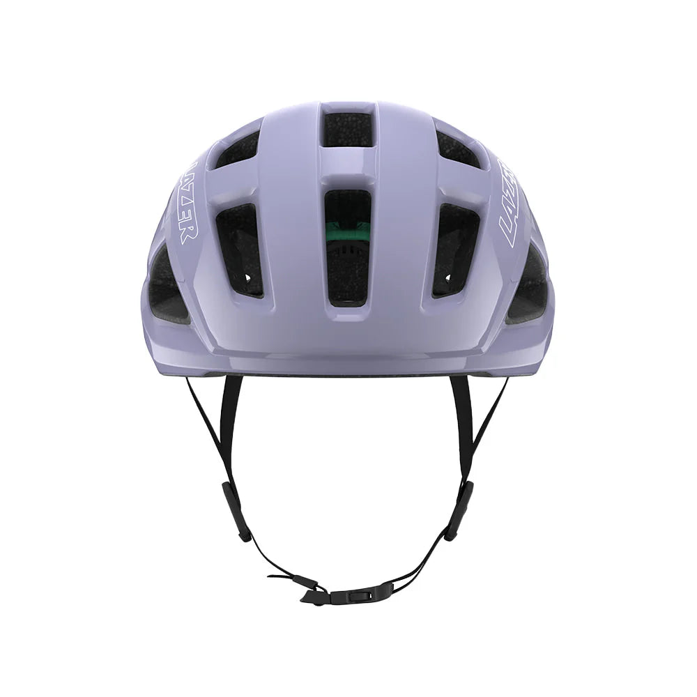 Light purple helmet with black straps on a white background