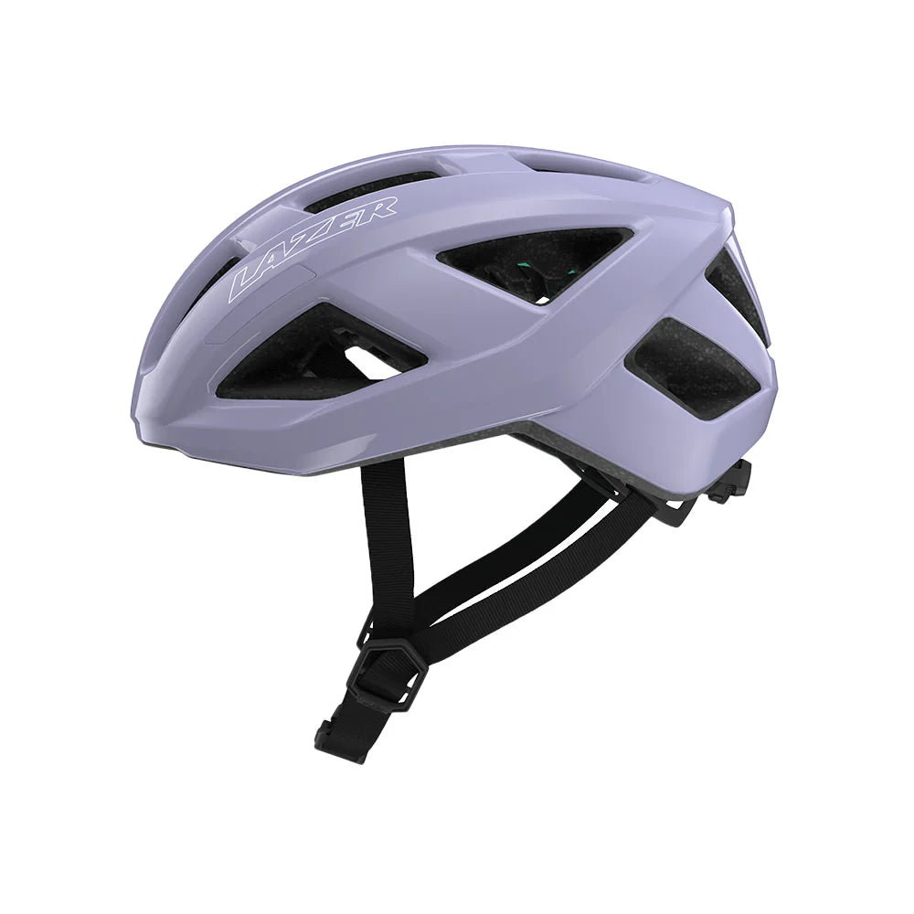 Purple bicycle helmet with 'Lazer' branding on a white background
