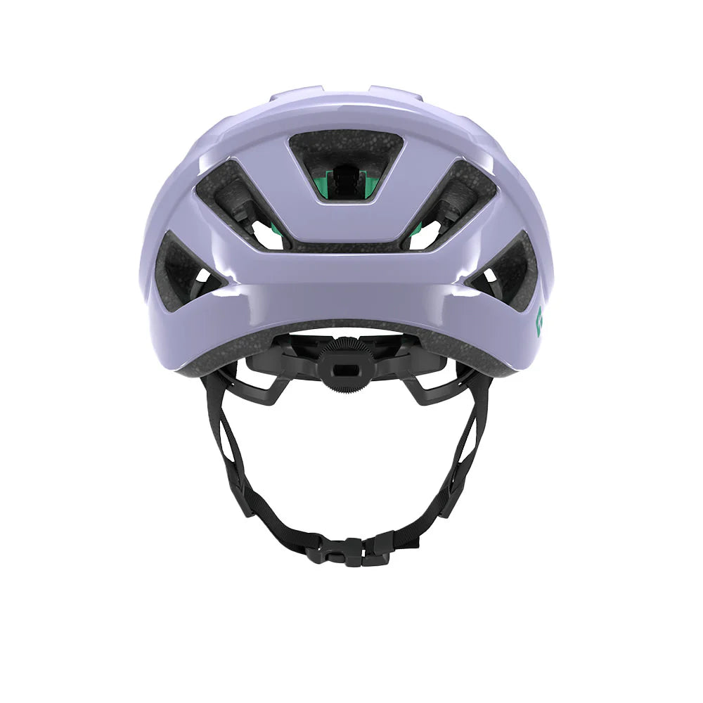Purple helmet with black straps on a white background