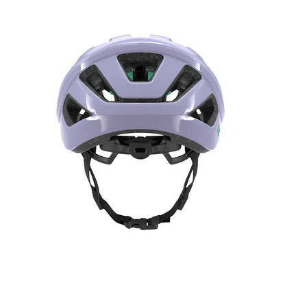 Purple helmet with black straps on a white background