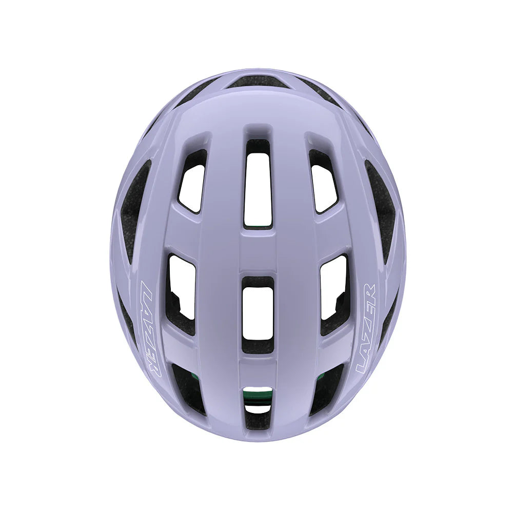 Purple helmet with black accents on a white background