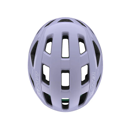 Purple helmet with black accents on a white background