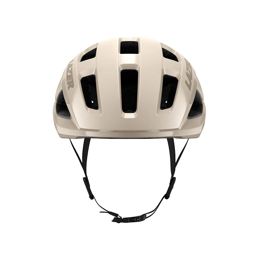 Beige helmet with black straps on a white background