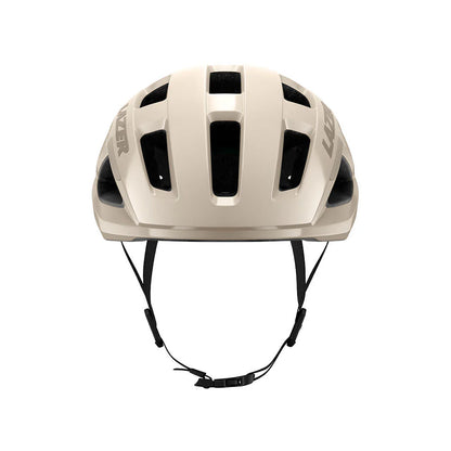 Beige helmet with black straps on a white background