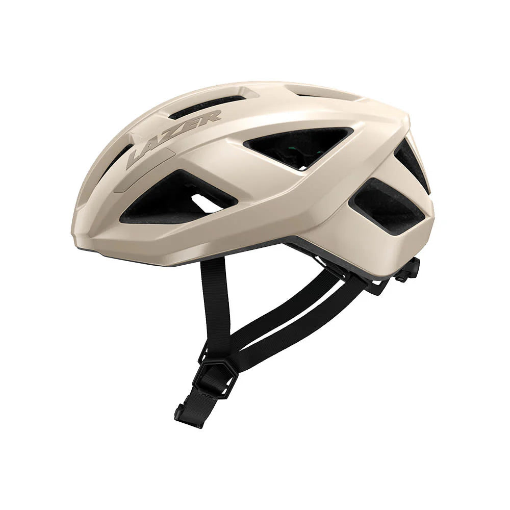 Beige bicycle helmet with black accents on a white background