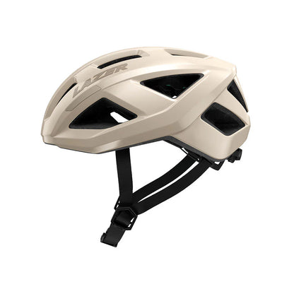 Beige bicycle helmet with black accents on a white background
