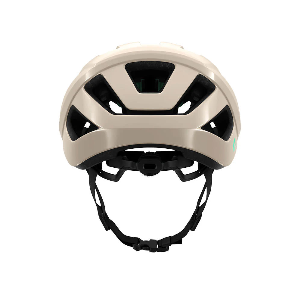 Beige helmet with black straps on a white background