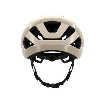 Beige helmet with black straps on a white background
