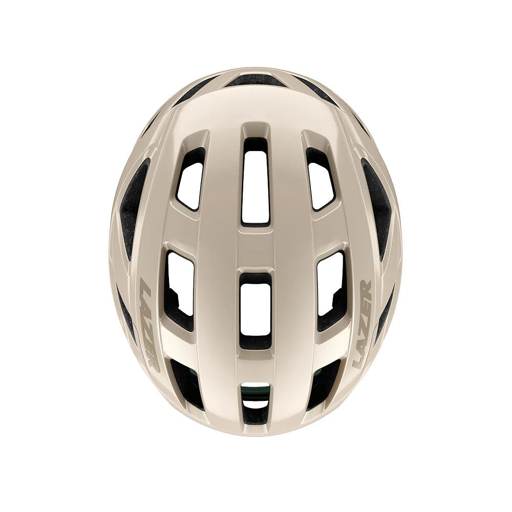Beige helmet with black accents on a white background