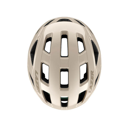 Beige helmet with black accents on a white background