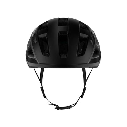 Black helmet with chin strap on a white background