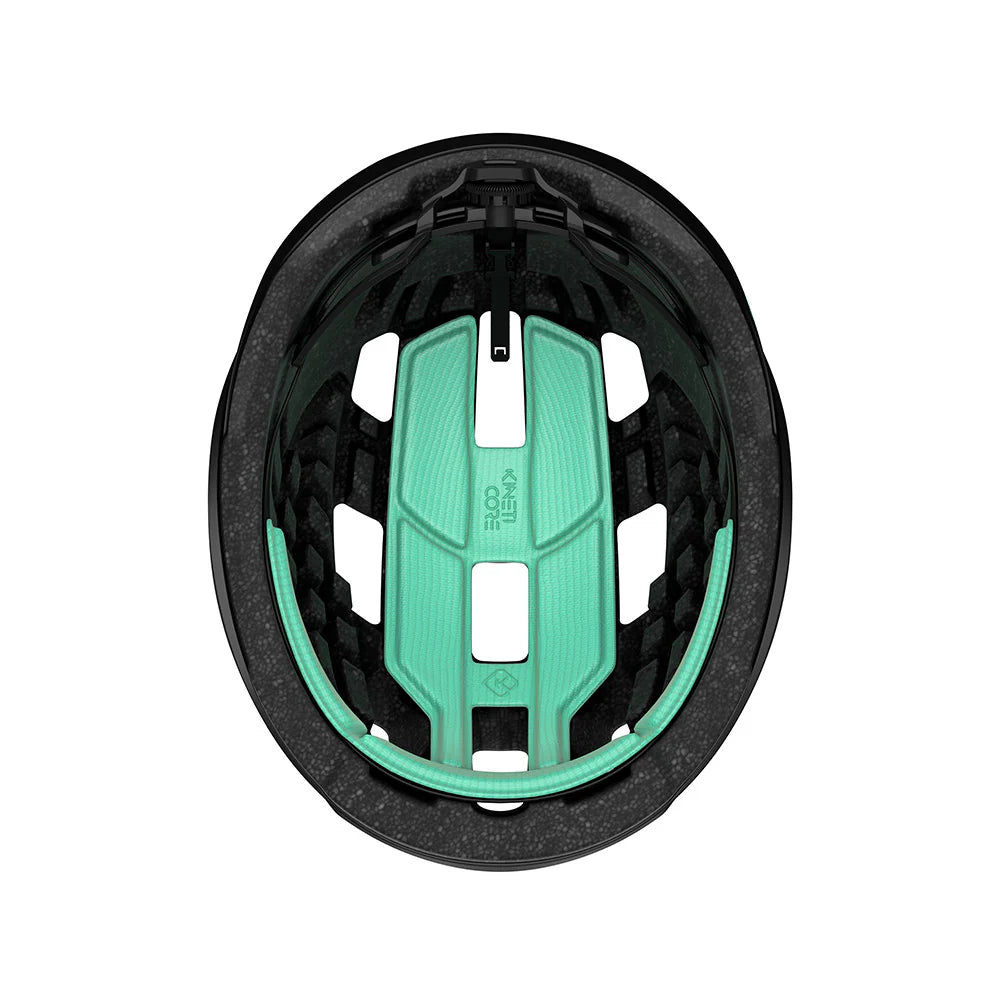 Black helmet with a green interior on a white background