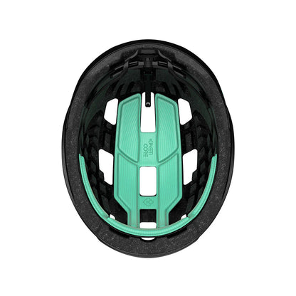 Black helmet with a green interior on a white background