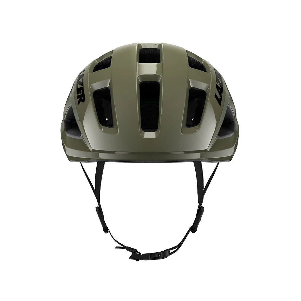 Green helmet with black straps on a white background