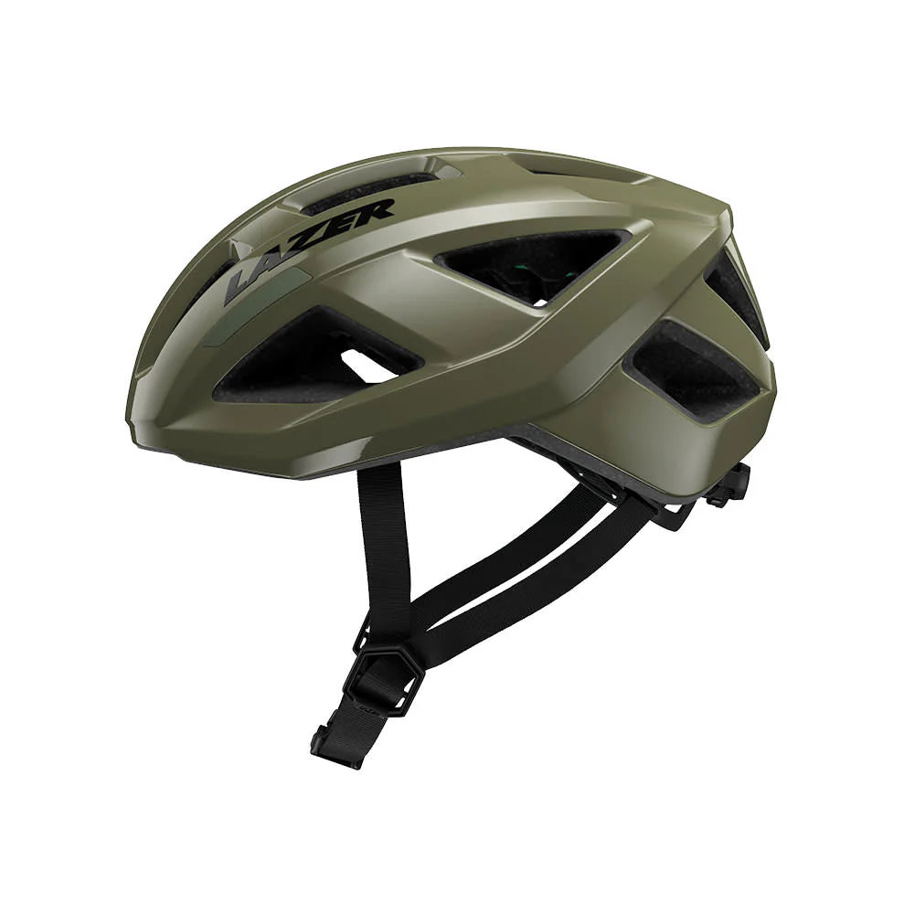 Green helmet with black straps on a white background