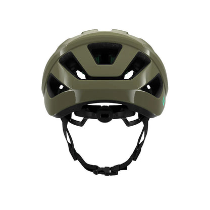 Green helmet with black straps on a white background