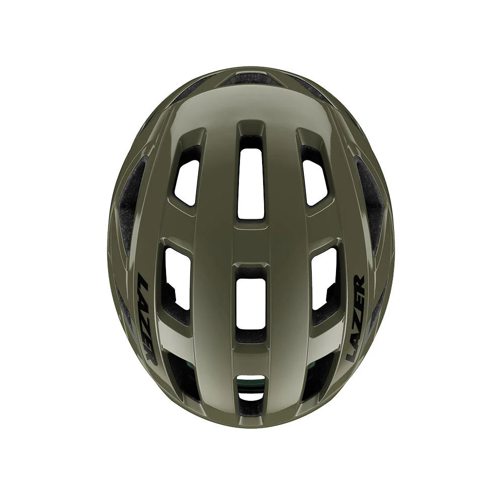 Green helmet with 'Lazer' branding on a white background