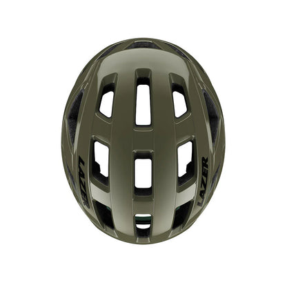 Green helmet with 'Lazer' branding on a white background