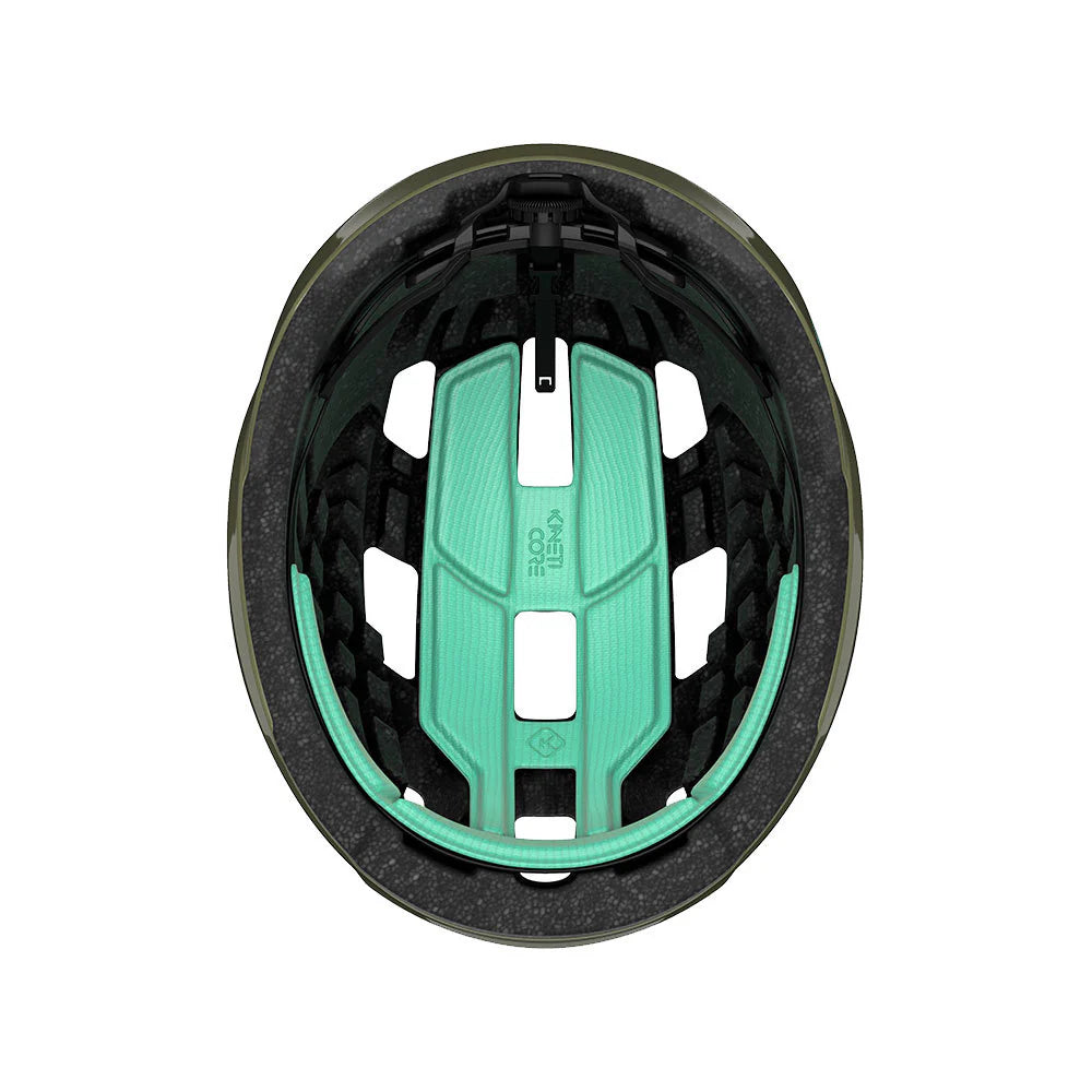 Helmet with green interior and black exterior on a white background