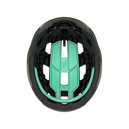 Helmet with green interior and black exterior on a white background