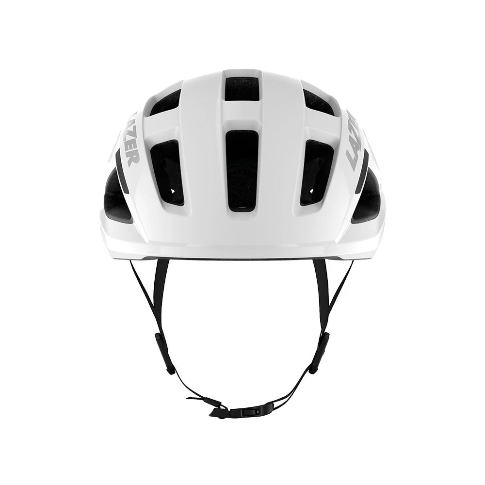 White bicycle helmet with black accents on a white background