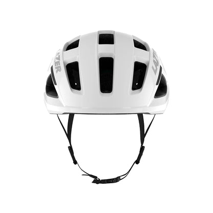 White bicycle helmet with black accents on a white background