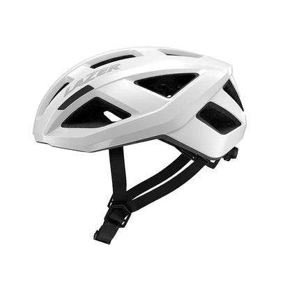 White bicycle helmet with black straps on a white background