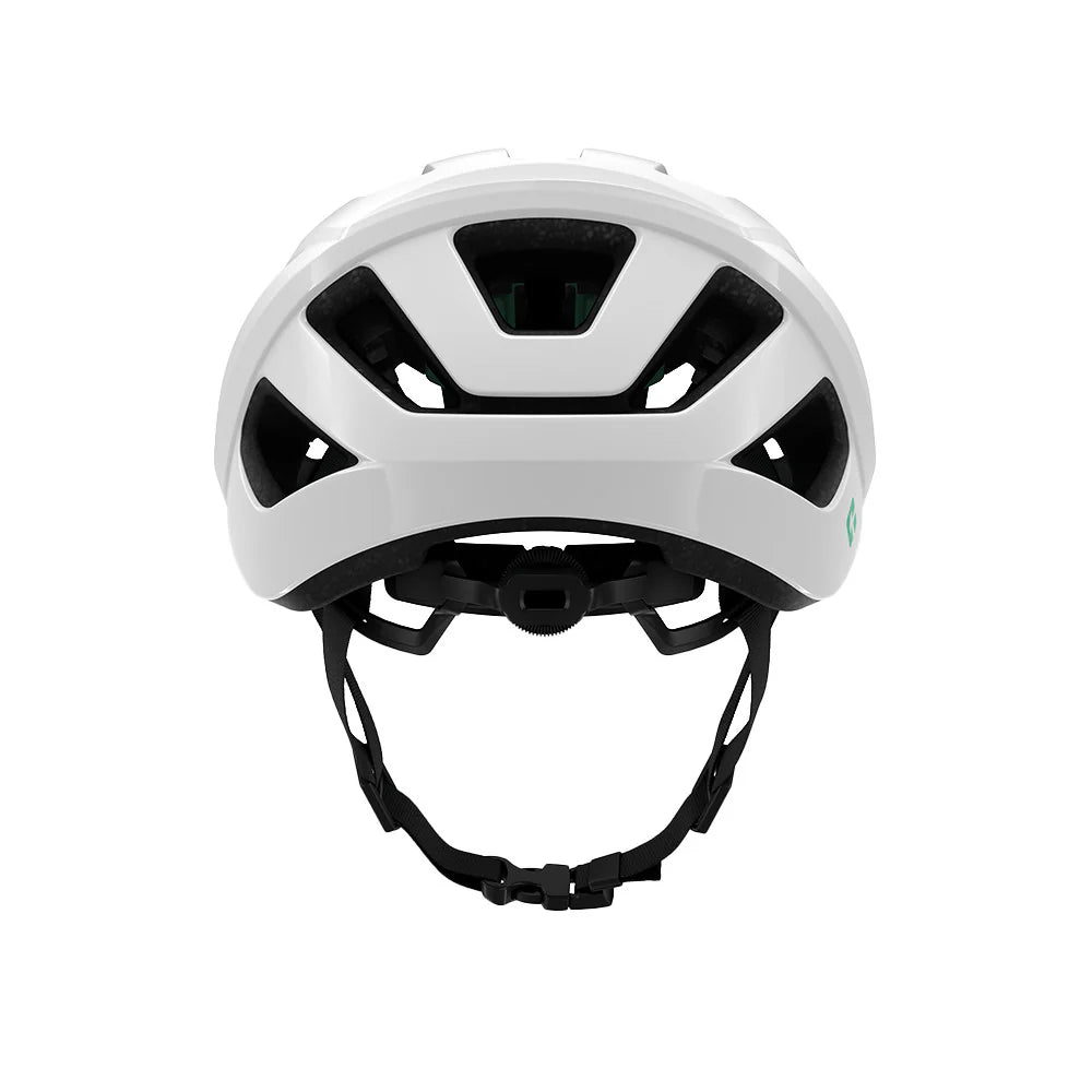 White helmet with black straps on a white background