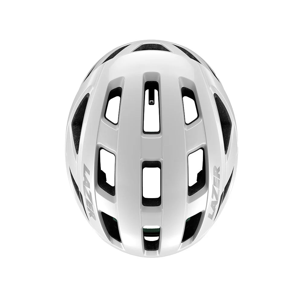 Silver bicycle helmet with black accents on a white background