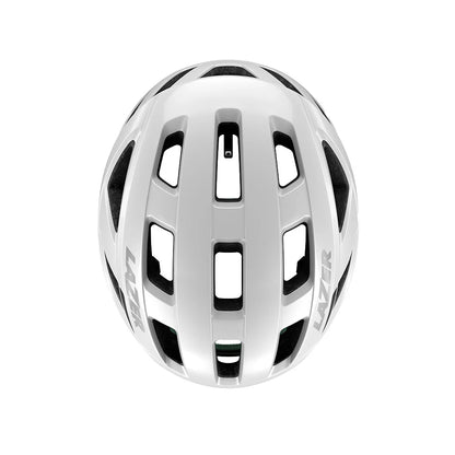 Silver bicycle helmet with black accents on a white background