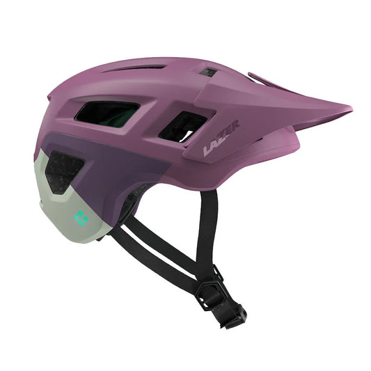 Purple helmet with black straps on a white background