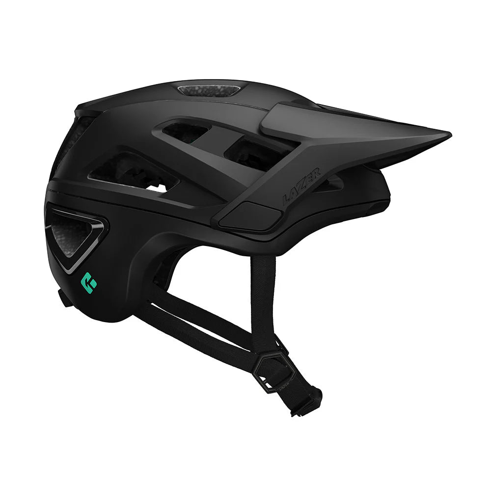 Black helmet with a brand logo on a white background