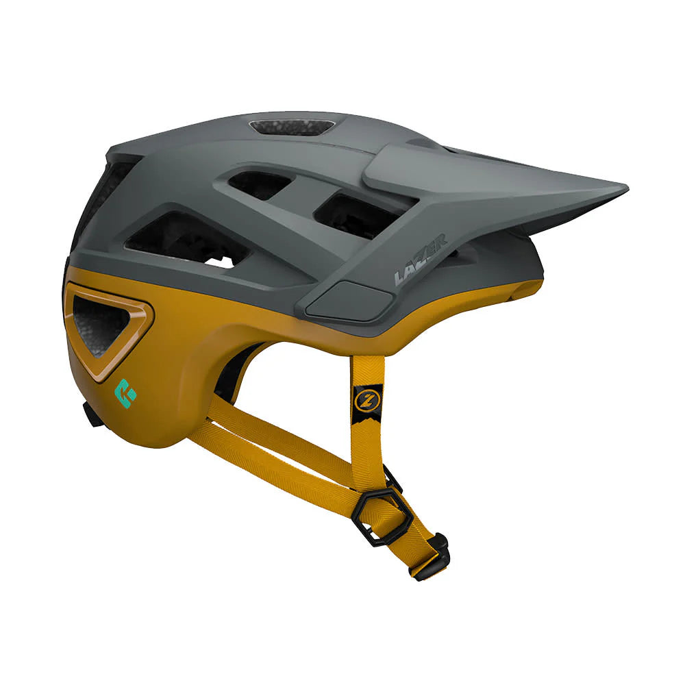 Gray and yellow helmet with 'Lazer' branding on a white background