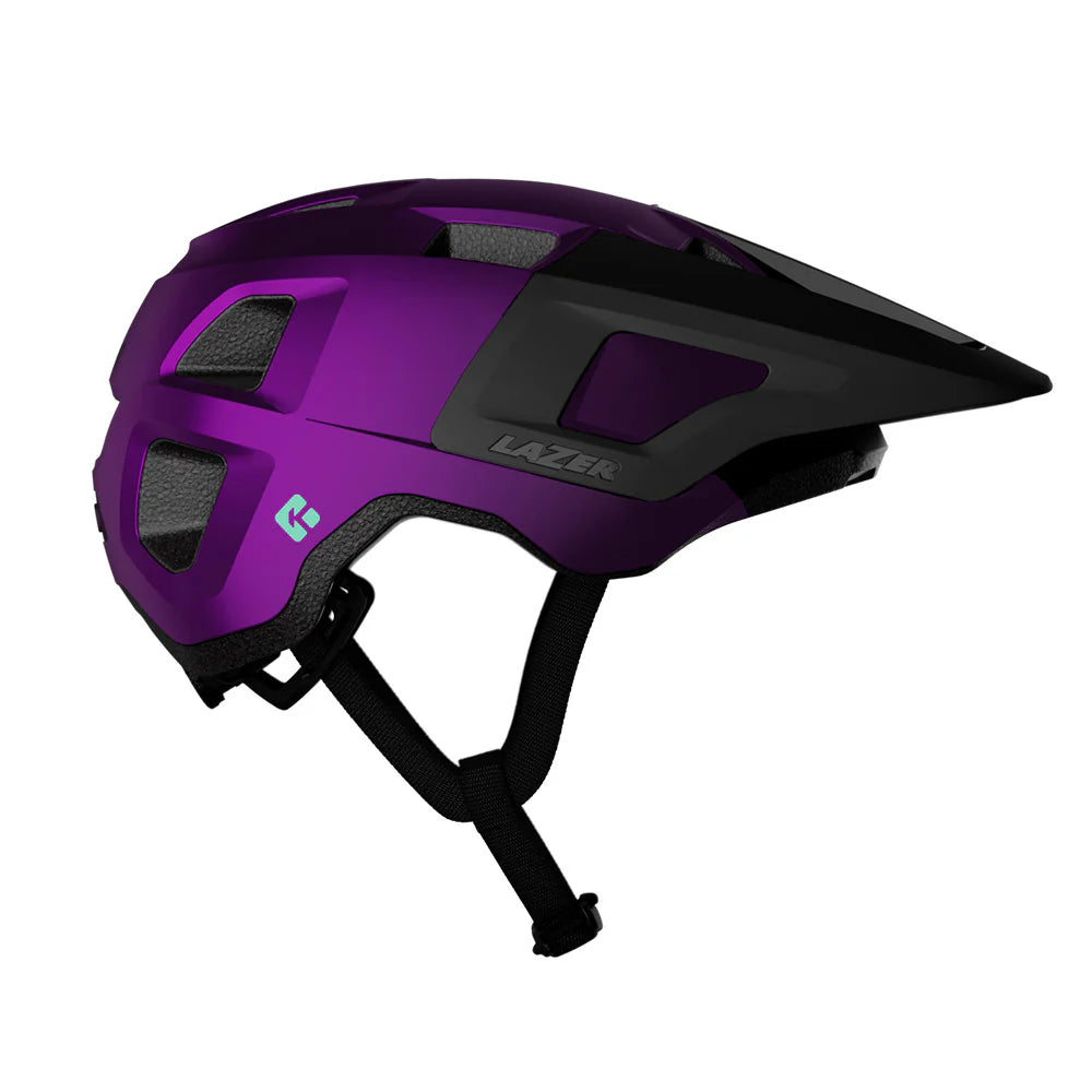 Purple and black helmet with 'Lazer' branding on a white background