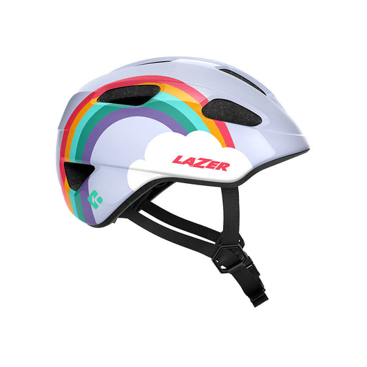 Children's helmet with rainbow design and Lazer branding on a white background